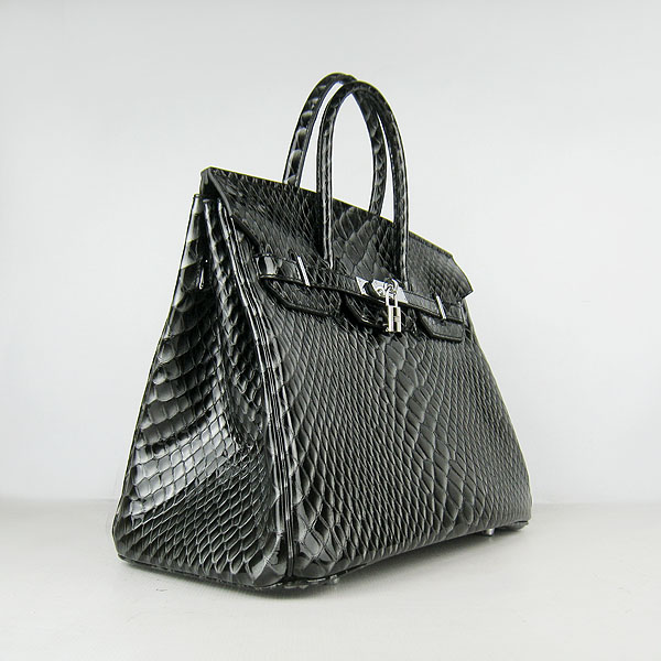 High Quality Fake Hermes Birkin 35CM Fish Veins Leather Bag Black 6089